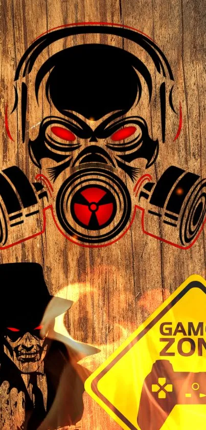 Gamer zone wallpaper with gas mask and warning sign on wood texture.