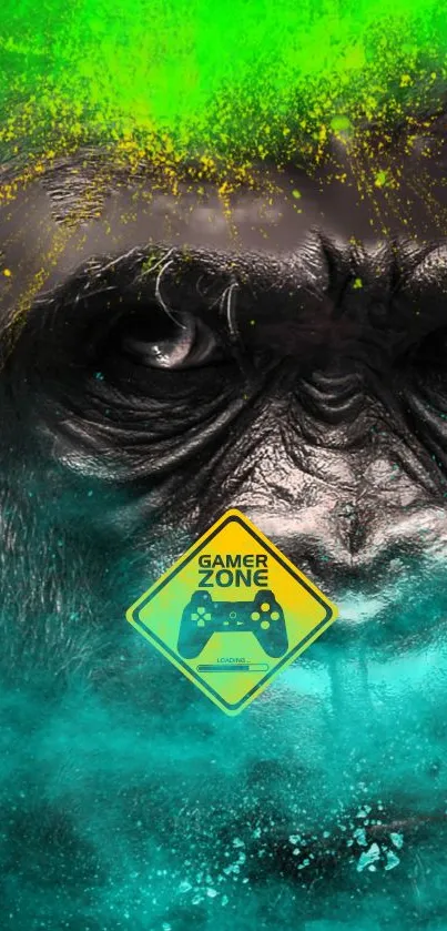 Vibrant gorilla illustration with Gamer Zone sign on cyan background.