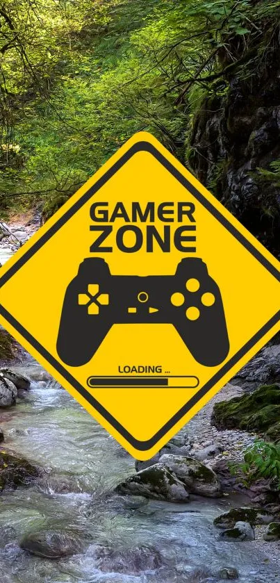 Gamer Zone sign over a lush forest with a stream.