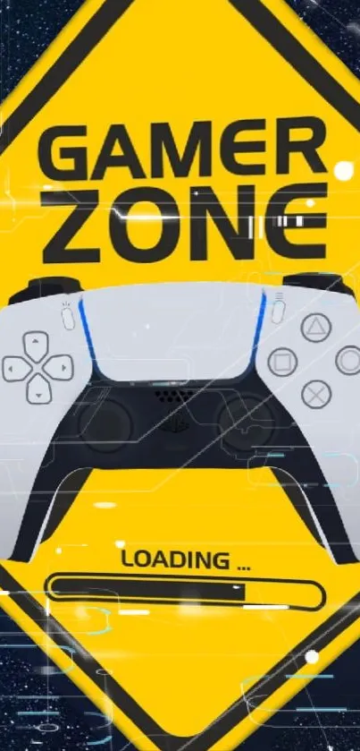 Gamer Zone phone wallpaper with a controller and loading bar on a yellow background.