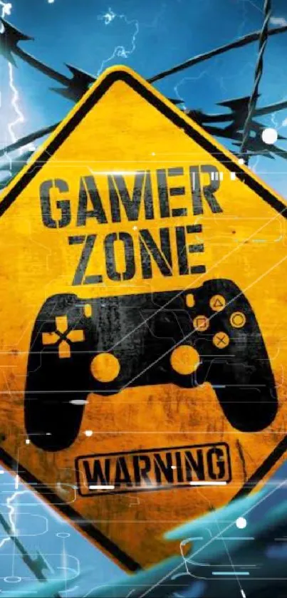 Vibrant gamer zone wallpaper with yellow warning sign and controller.