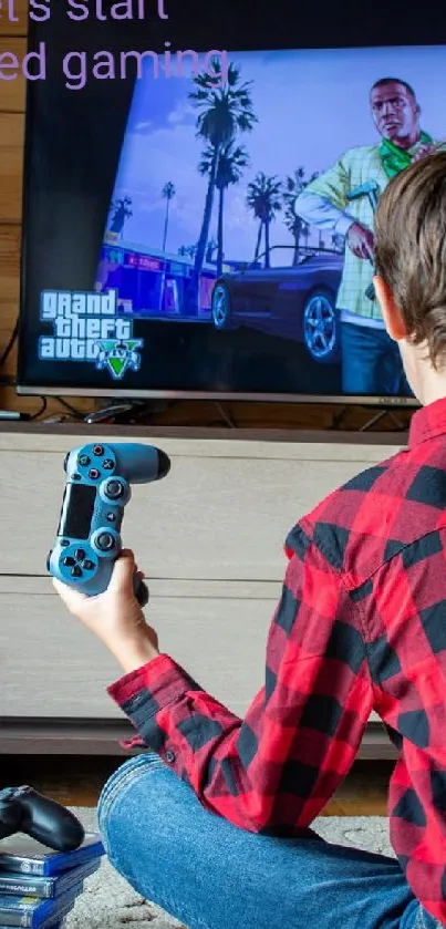 Youth gaming setup with console and screen, vibrant and immersive.