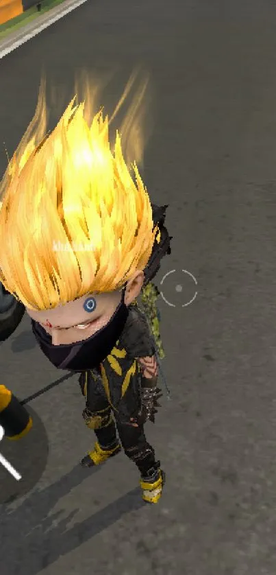 Dynamic gaming avatar with fiery hair on a race track wallpaper.