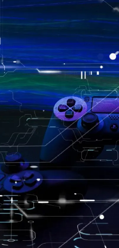 Gaming console controllers with vibrant blue light in a dark theme.