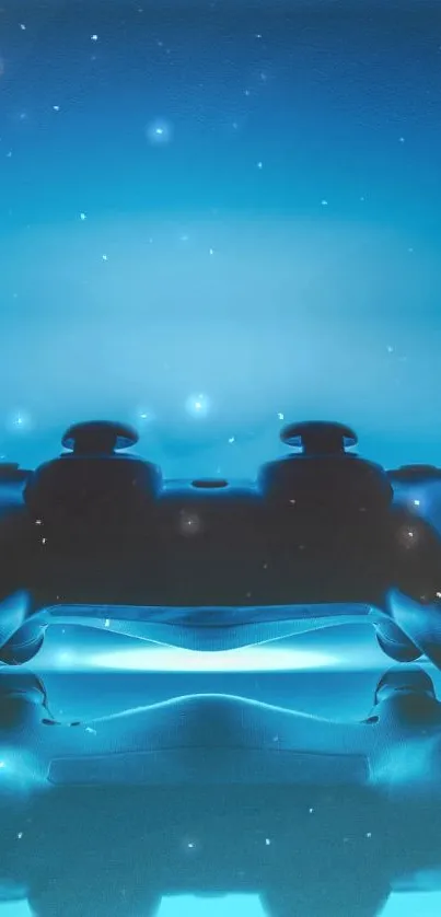 Blue gaming controller with cosmic star background.