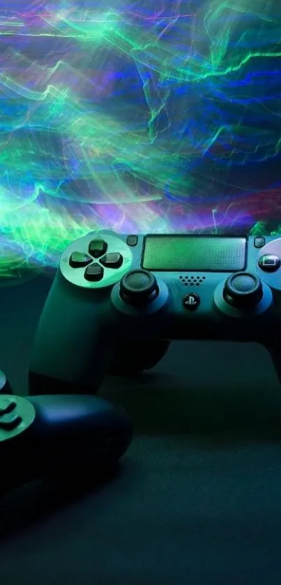 Neon-lit gaming controllers on vibrant background.