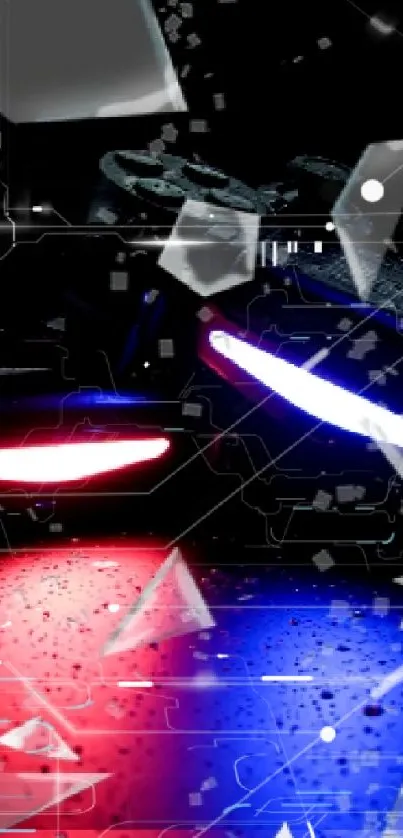 Gaming controller with red and blue LED lights and scattered shards on a dark background.