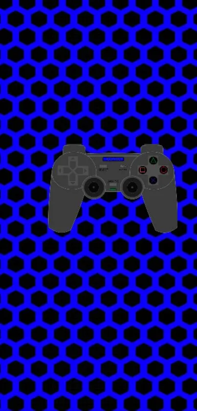 Gaming controller with hexagonal blue pattern wallpaper.