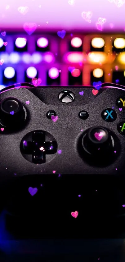 Gaming controller with RGB neon keyboard wallpaper.