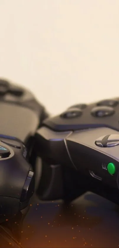 Close-up of two gaming controllers on a sleek surface.