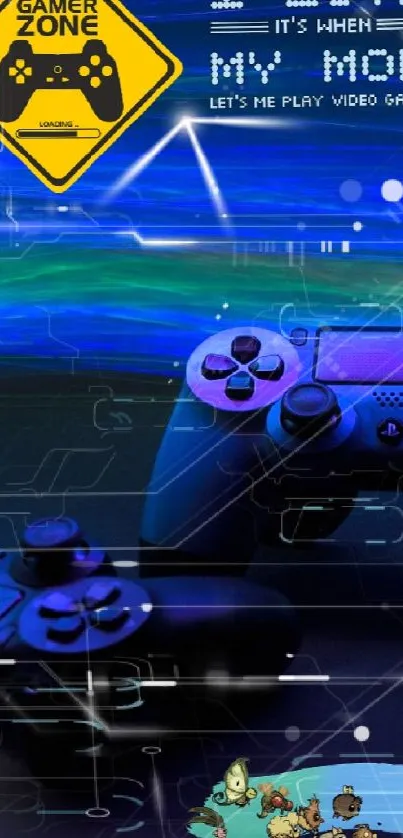 Neon-lit game controllers with a vibrant blue background.