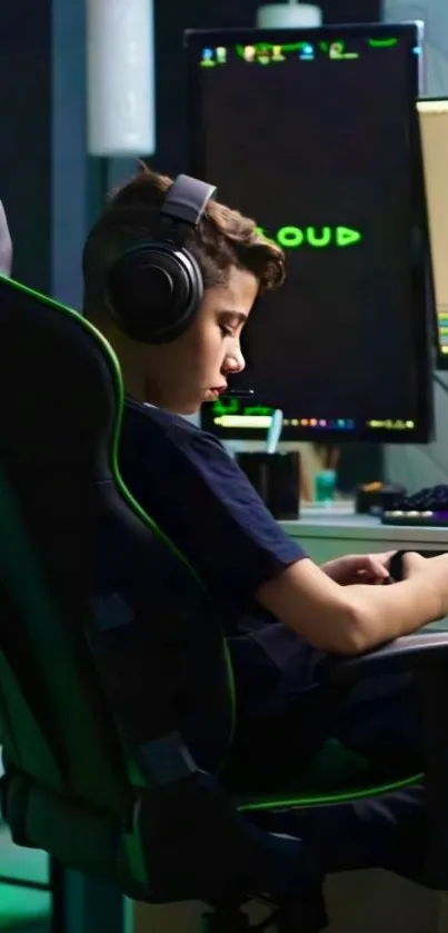 Young gamer immersed in neon-green gaming setup with headset and monitors.