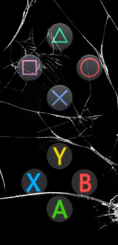 Gaming symbols with cracked screen effect on a black background.