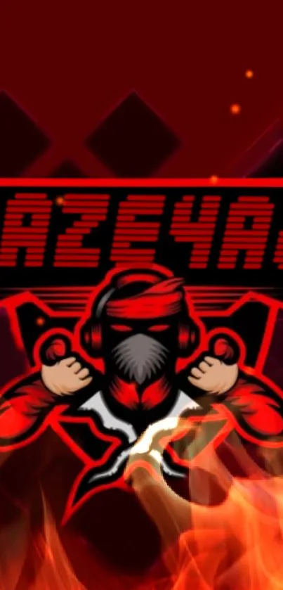 Mobile wallpaper with gaming logo and fiery flames on red background.