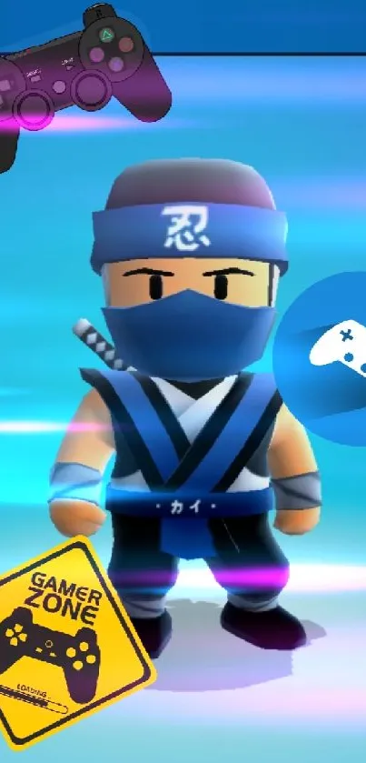 Blue ninja gaming wallpaper with vibrant character.