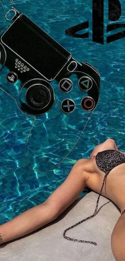 Gaming controller with poolside vibes and summer relaxation.