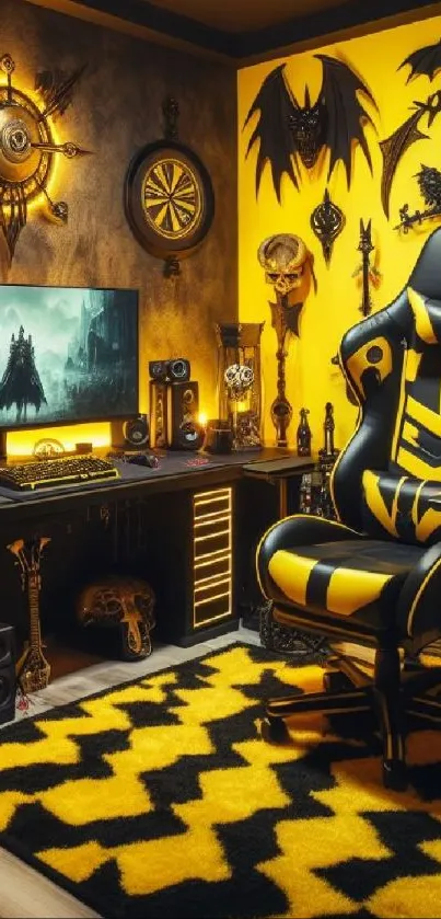Vibrant gaming room with yellow and black decor, featuring a gaming chair and monitor.