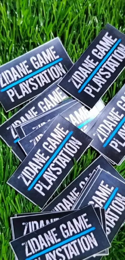 PlayStation gaming stickers on green grass.