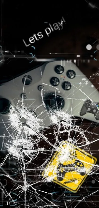 Gaming phone wallpaper with cracked screen and controller.