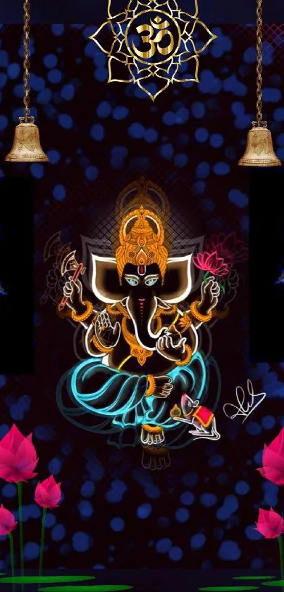 Vibrant Ganesh art wallpaper with colorful symbols and floral accents.