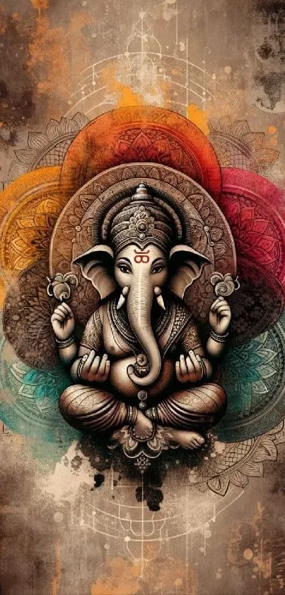 Artistic Ganesh wallpaper with mandala backdrop and vibrant colors.