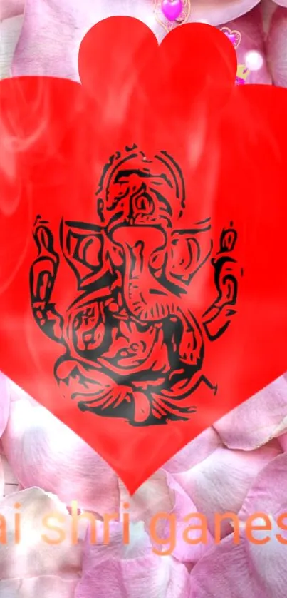 Red heart with Ganesh on pink petals wallpaper.