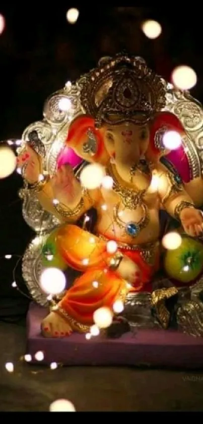 Vibrant Ganesh idol with glowing lights, perfect for festive celebrations.