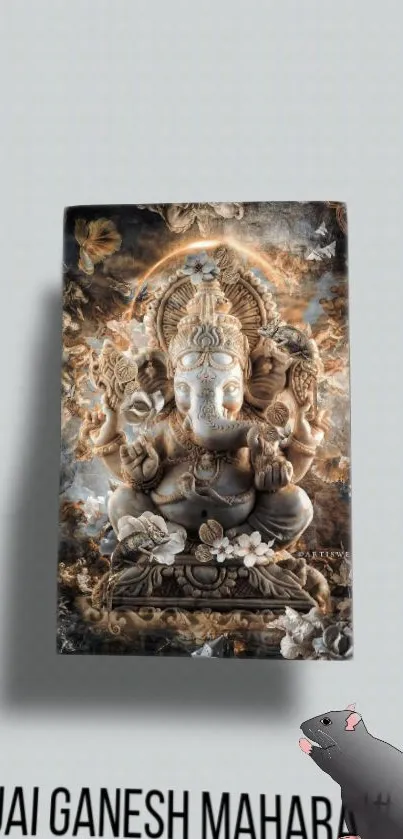 Intricate marble sculpture of Lord Ganesh on gray background with hashtag text.