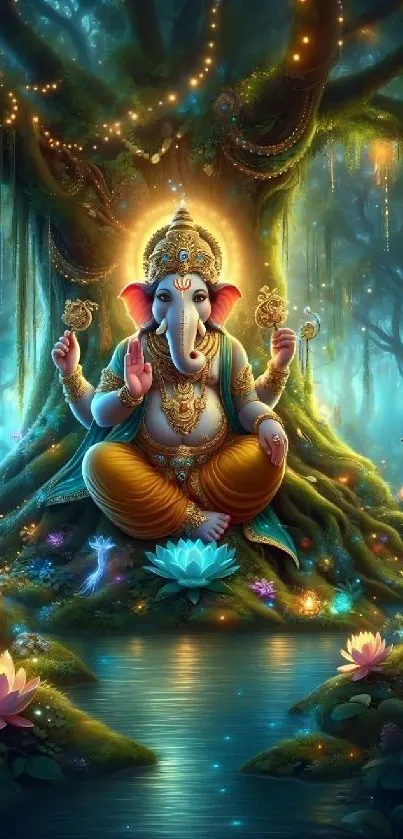 Ganesh meditating in a mystical forest with glowing lights and butterflies.