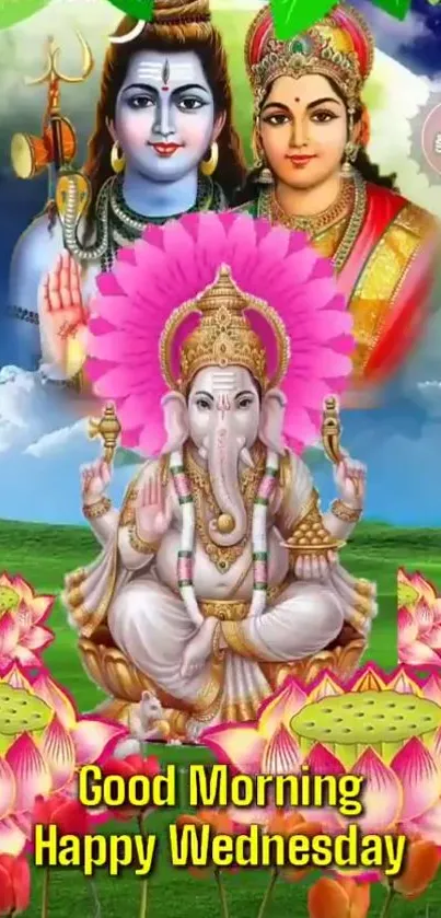 Ganesh with Shiva and Parvati on vibrant background.