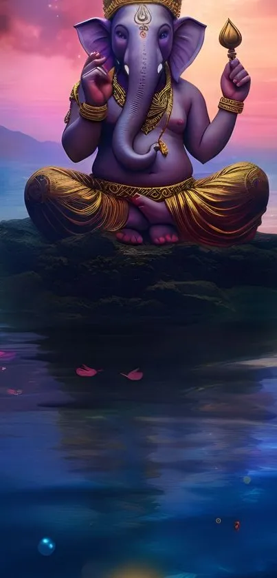 Ganesh meditating on a tranquil lake under a vivid sky.