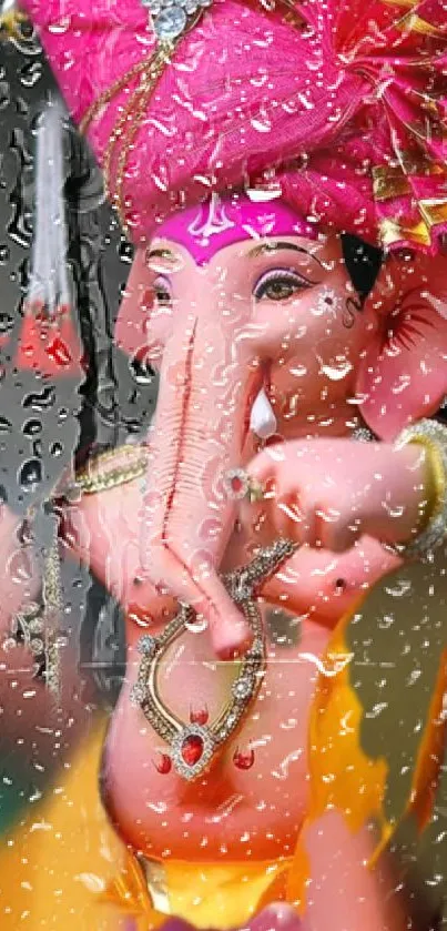 Ganesh idol with rain droplets effect on a vibrant background