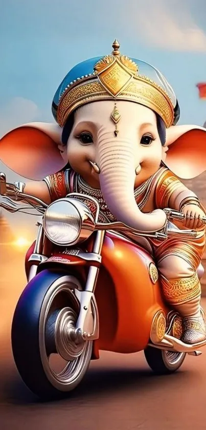 3D illustration of Ganesh riding a futuristic motorcycle with a temple in the background.