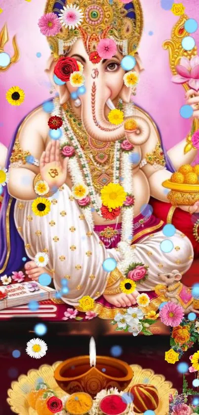 Vibrant Ganesh wallpaper with floral design and pink background.