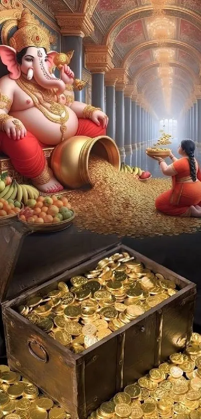 Ganesh surrounded by gold coins and offerings in a divine artwork.