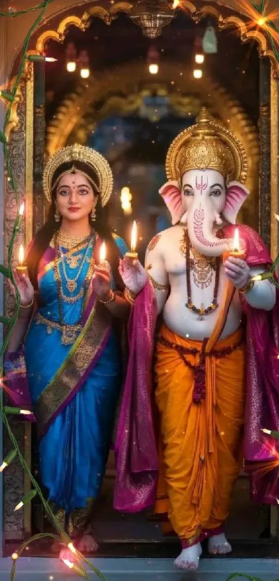 Lord Ganesha and goddess illustration with festive lights.