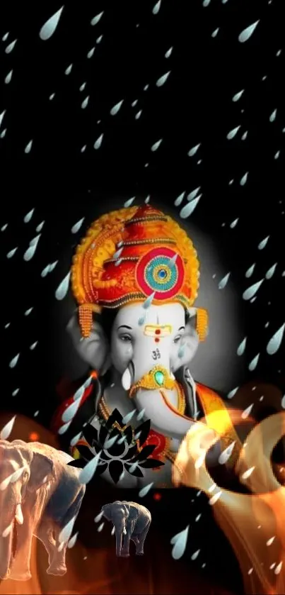 Ganesha artwork with raindrops and fire on a mobile wallpaper.