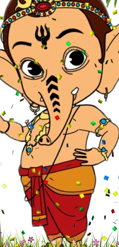 Cartoon Ganesha with colorful confetti background.