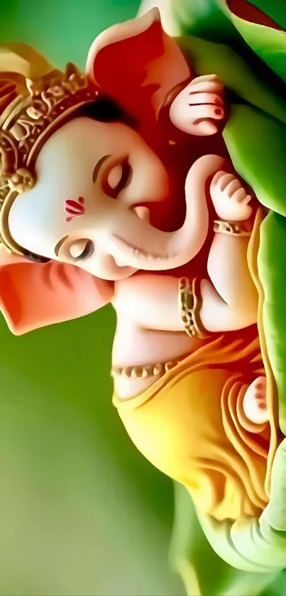 Ganesha figurine on a vibrant green leaf.