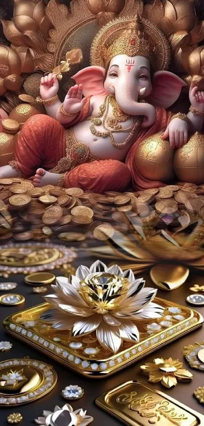 Ganesha surrounded by gold coins and lotus flowers in a divine wallpaper.