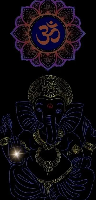 Ganesha with neon outline and Om symbol on a dark background wallpaper.