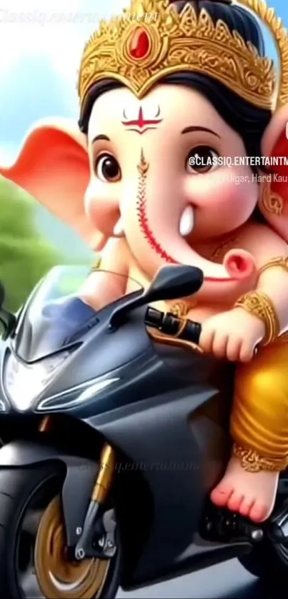 Ganesha riding a motorbike in vibrant art wallpaper.