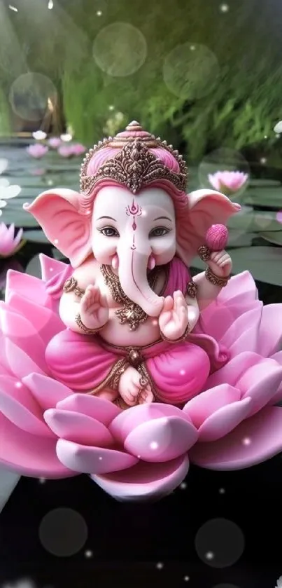 Ganesha statue on a pink lotus with water lilies.