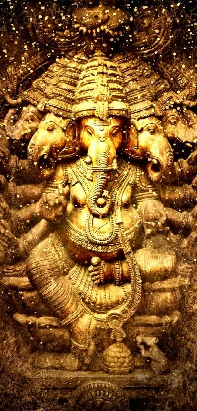 Intricate Ganesha stone carving with rustic texture on a mobile wallpaper.