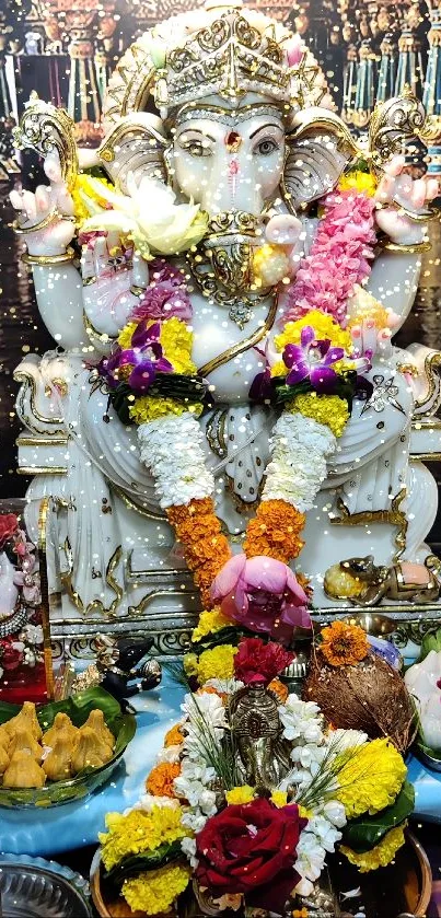 White Ganesha idol adorned with colorful flowers.