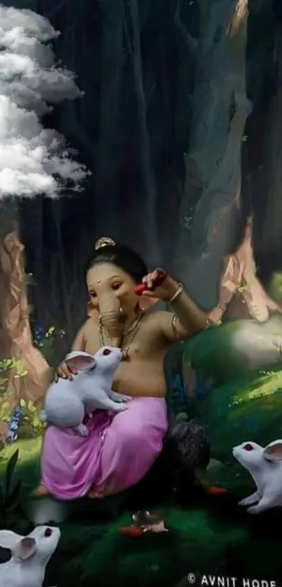 Ganesha in forest with rabbits, mystical wallpaper.