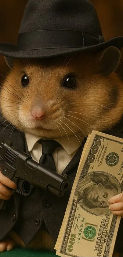 Hamster dressed as a gangster holding a gun and cash.