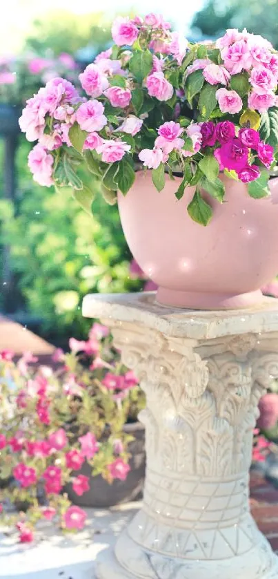 Elegant planter with vibrant pink flowers in a serene garden setting.