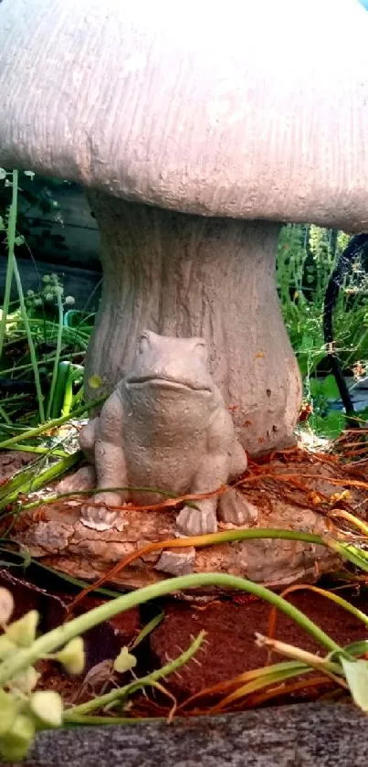 Garden scene with frog under mushroom sculpture surrounded by plants.