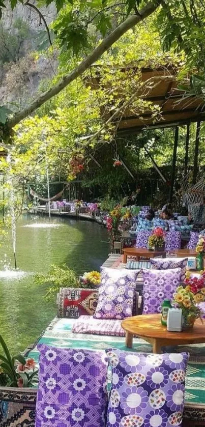 A serene garden wallpaper featuring riverside seating and vibrant floral accents.